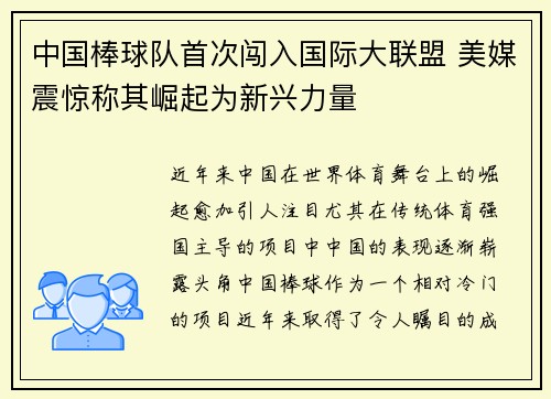 中国棒球队首次闯入国际大联盟 美媒震惊称其崛起为新兴力量