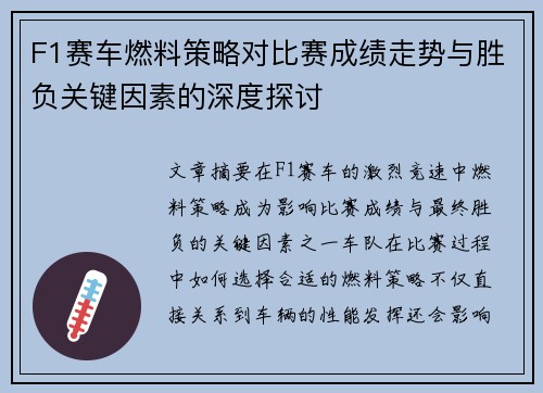 F1赛车燃料策略对比赛成绩走势与胜负关键因素的深度探讨